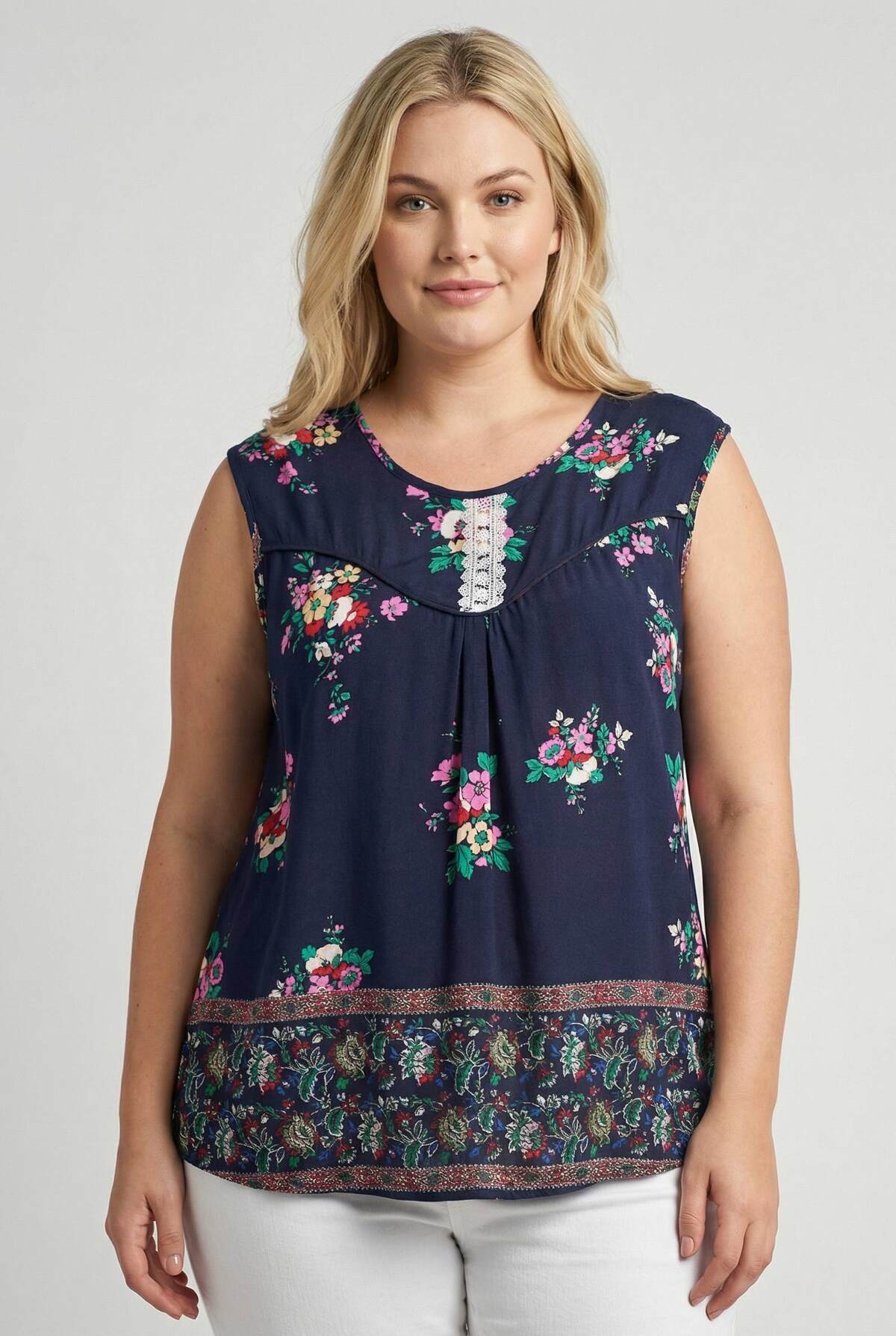 Top Grande Taille Imprimé Floral Bleu Sans Manches | Réf. PA955